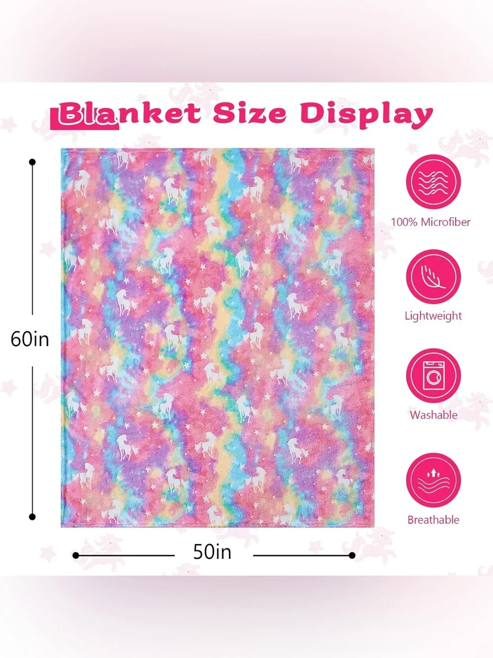 Kids Rainbow Unicorn Glow in the Dark Blanket - Pink Multicolor Throw Blanket